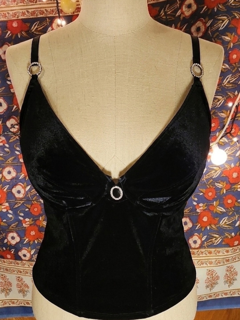 Elegant Black Velvet Camisole with Rhinestone Rings